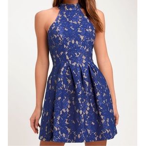 Lulus Seasons of Love Royal Blue Lace Halter Skater Dress